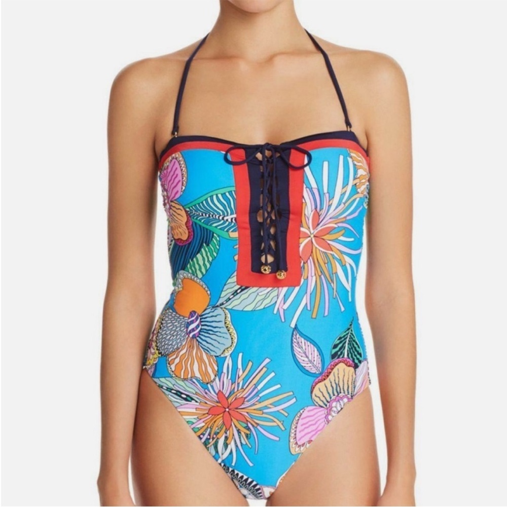 Trina Turk Tahiti Tropical Lace Up Bandeau One Piece Maillot Swimsuit 12